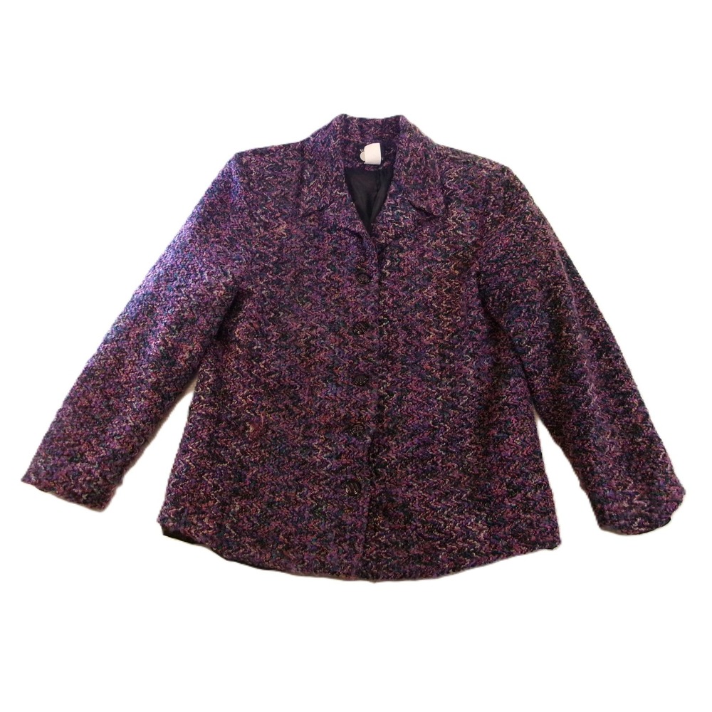 First Option Jacket L Purple Pink Multi‎ Knit Chunky Boucle Made in USA Vintage